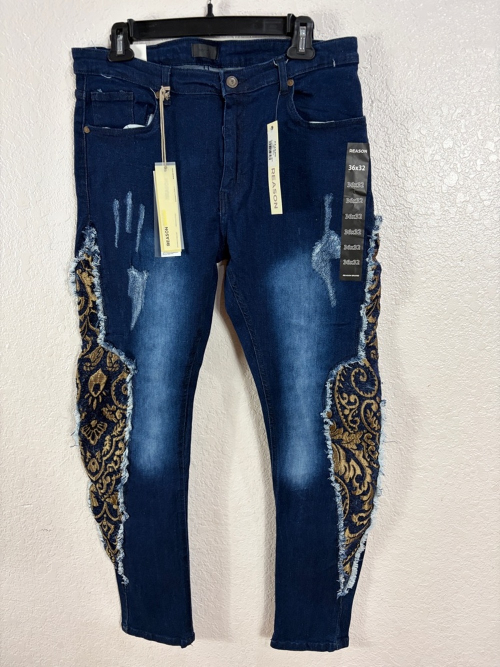 Reason Embroidered Side-Panel Skinny Jeans - Navy & Gold,Size 36x32 - Picture 8 of 17